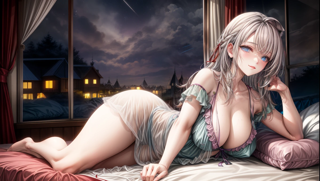 Indulge in perfection as you behold Alisa Mikhailovna Kujou peacefully resting on a high-quality bed,(((acoatada en la cama))), (((dormida de forma tierna)), adorned in a beautiful nightgown, with flawless anatomy, while the gentle moonlight through the window adds a touch of magic to this stunning 4K image, free from any distortions that may detract from her beauty."