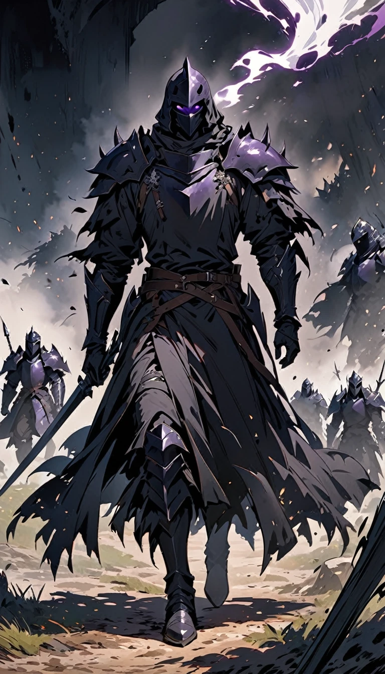 male black shadow ghost knight walking away from a battlefield, shadow, black, knight, ghost knight, full body view, facing front, shadow knight, purple eyes, black smoke, dark