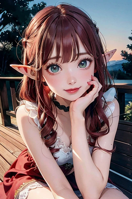 Little Elf Lola, beautiful smile, Long red hair, loose, shiny and silky, naked, flower dress, ((full body)), sitting on the porch floor in the moonlight, Photo 9x16, night scenery, (best quality, 4K, 8k, high resolution, masterpiece: 1.2), ultra-detailed (realistic, photorealistic: 1.37), beautiful detailed eyes, beautiful detailed lips, extremely detailed eyes, extremely detailed eyes and face, green eyes, long eyelashes, toony style, playful expression, curved silhouette, looking over the shoulder, pink and white color palette, soft lighting.