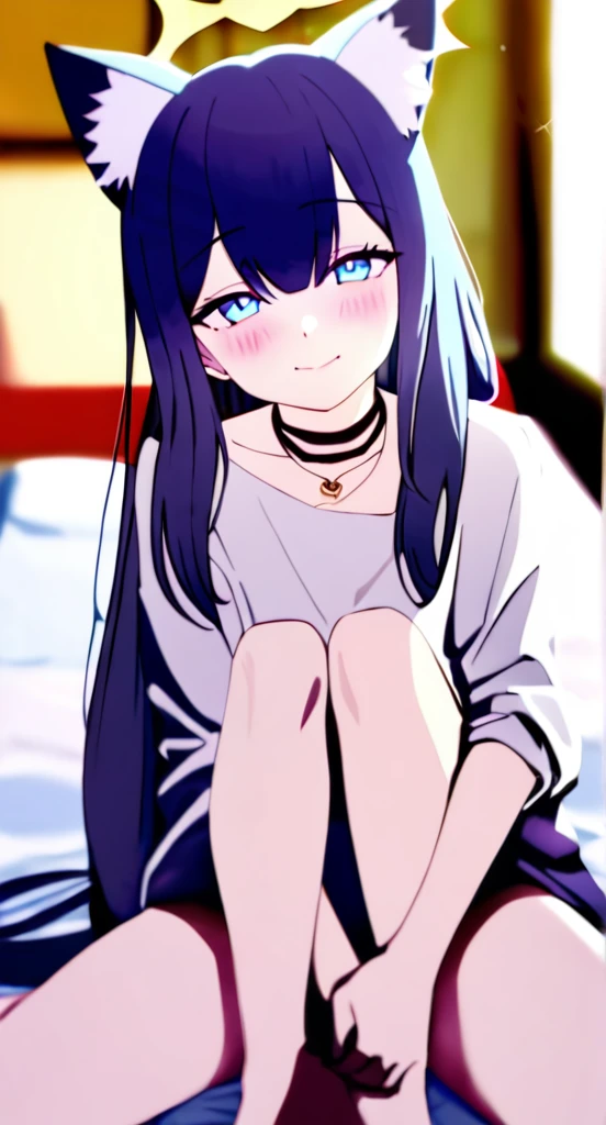1girl
mari \(blue archive\)
bare legs, blue eyes, blush, fox ears, fox girl, from above, hair between eyes, halo, hand between legs, heart print, indoors, long hair, looking at viewer, looking up, necklace, off shoulder, on bed
newest, pillow, shirt, bare shoulders, smile, window, between legs, closed mouth, wariza, animal ear fluff, bed, solo, blue hair, depth of field, blurry, animal ears, blurry background, very long hair, jewelry, heart, sitting, print shirt, nude, undressing
 absurdres, highres, sensitive