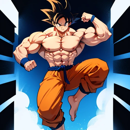 (A detailed drawing of goku, Bodybuilding-Fitnessstudio.),Anime picture, With bare upper body, the strongest of all, huge muscular body, Big Bizeps, large shoulders, muscle legs,abs, barefoot, Martial arts, Kick with foot, Full body image, Rear view, side chest, crunch, beserk, barefoot, sole of the foot , dominant pose,Toes, in anime style
