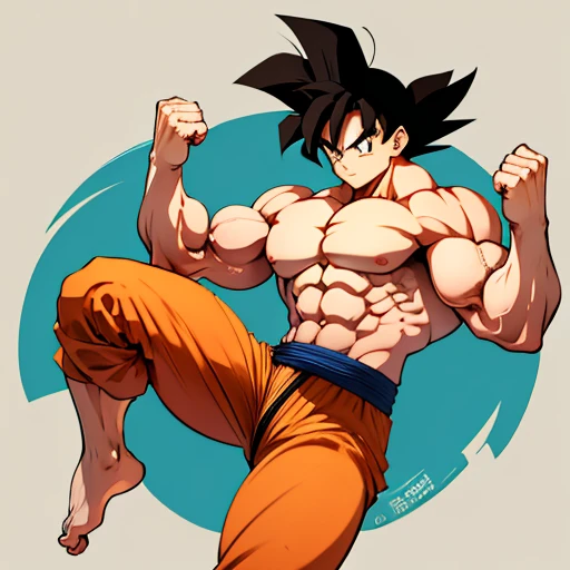 (A detailed drawing of goku, Bodybuilding-Fitnessstudio.),Anime picture, With bare upper body, the strongest of all, huge muscular body, Big Bizeps, large shoulders, muscle legs,abs, barefoot, Martial arts, Kick with foot, Full body image, Rear view, side chest, crunch, beserk, barefoot, sole of the foot , dominant pose,Toes, in anime style