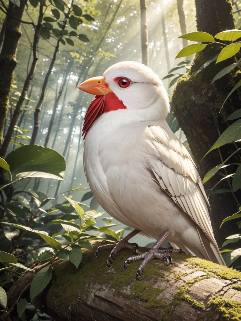 （Highest quality，masterpiece：1.2），Super quality，Red beakを持つアルビノの鳥が木の枝に止まっている，Grasp a thin branch with your feet，Pure white finch：1.5，Pet Birds，slender， Just one，Watching birds,   Cheeky look, birb, Pubic Pose, Intense albinism, Looking away from the camera，Sharp red eyes，Pale yellow beak，Red beak，Beautiful beak， in the forest，Sunlight filtering through the trees，Soft, diffused natural light，Dreamy atmosphere，Fantastic color palette