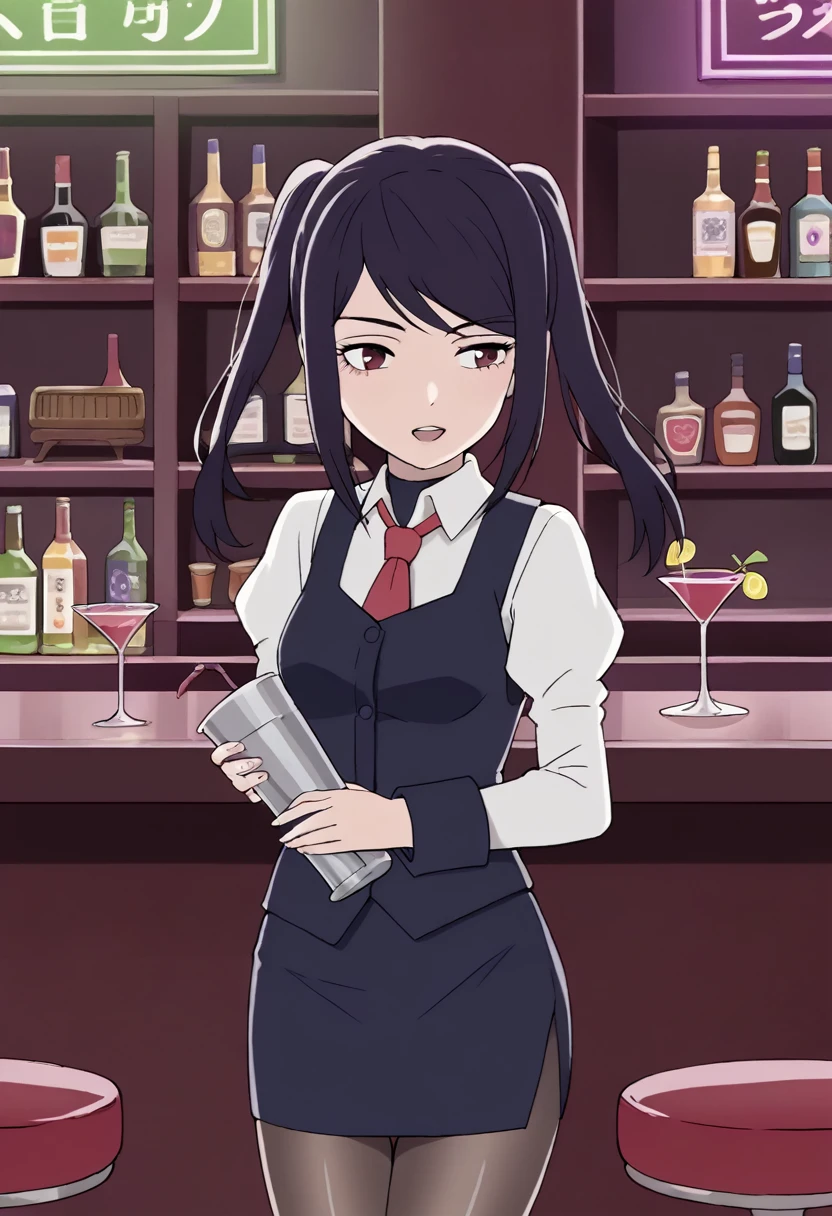 score_9, score_8, score_7, source_anime, (jill stingray:0,9) , necktie, pantyhose, skirt, vest, white shirt 1girl, solo, bartender, bar, cocktail glass, standing behind counter