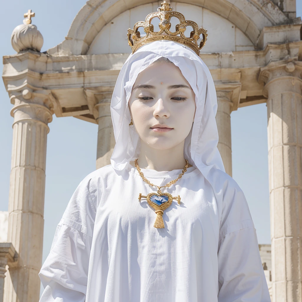 Our Lady of Fatima with white clothes and a crown and heart 