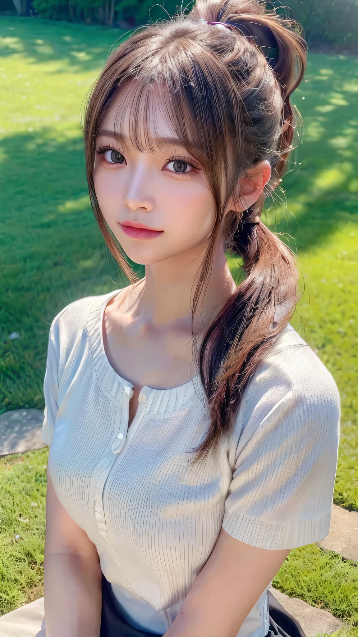 One piece with collar,outdoors,Urban Park,On the lawn,Ultra-detailed, finely detail, hight resolution, 8K Wallpaper, Perfect dynamic composition, Beautiful detailed eyes,Outdoor,Close-up of face,Outdoor,Blushing,Facing forward,,Long hair ponytail,((8k, Raw photo, Best Quality, Mastepiece:1.2), (Realism, Photorealistic:1.4), (Highly detailed 8K wallpapers), Depth of written boundary, Cinematic Lighting, Soft Light, Detailed Beauty Eye,Shiny and smooth light brown ponytail, Asymmetrical bangs, Shiny skin, Ultra-detailed skins ,It is high resolution., High detail, Detailed hairstyle, Detailed facial beauty, Hyper-realistic, Perfect limbs, Perfect Anatomy ,1 Japanese girl,Famous Japanese Idols, Perfect female body,A shy smile,Short eyelashes,Double-edged eyelids,Look straight here,Hair style: ponytail,