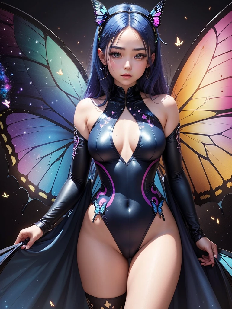 Woman with dark blue hair, butterfly wings, galaxy rainbow, leotard