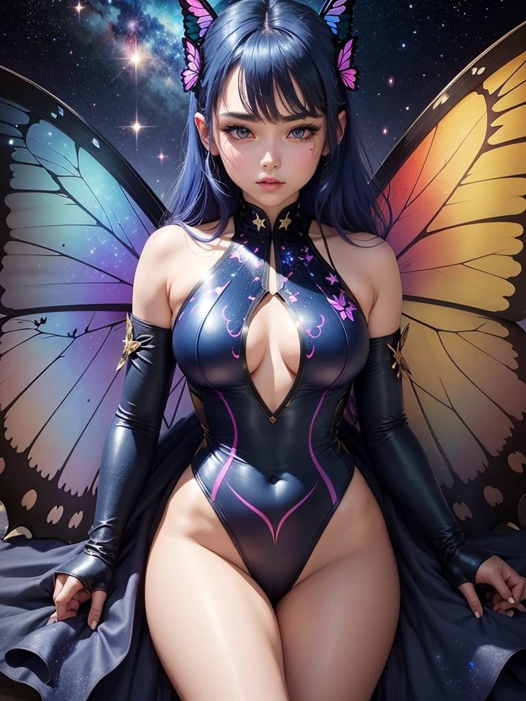 Woman with dark blue hair, butterfly wings, galaxy rainbow, leotard