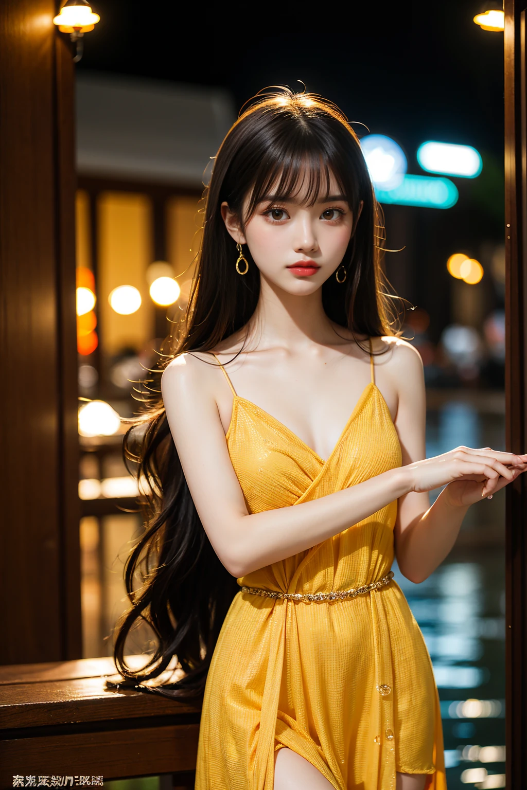 Cute, girl, solo, depth of field, waves, flat color, high resolution, high quality, detailed face, summer, water in dress, water drops, specular reflection, refracted glass shards, prism, lunar celestial body, liquid clothing, long yellow dress, harmony, fantasy.