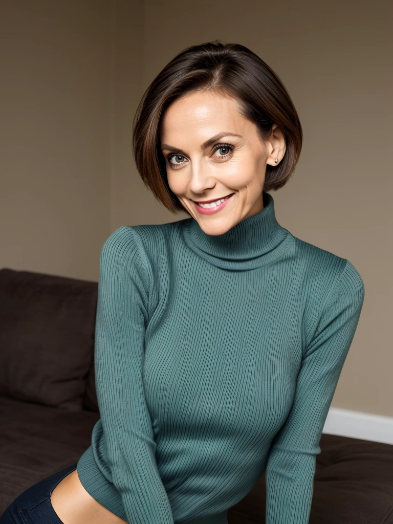 photo of a playful cute skinny slutty horny mature submissive wife with big bulging beautiful eyes, very short hair, She wears: (turtleneck high ribbed tight sweater:1.1), submissive seductive pose, high tight ribbed neck, seductive smile, perfect fake tits, turtleneck top