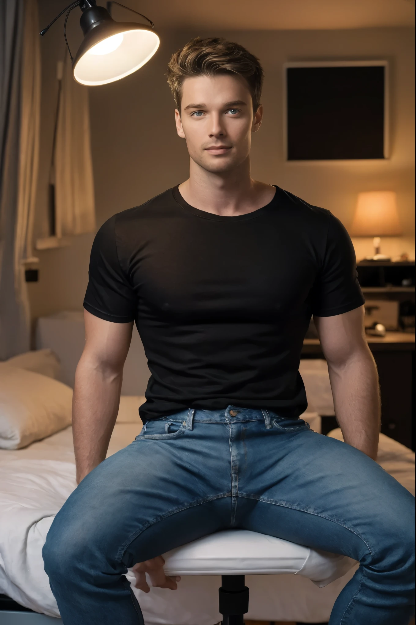 Portrait of Golden Boy, (wearing a fitted black t-shirt:1.4), (black t-shirt tight around his pecs:1.4), (wearing denim jeans:1.4), (bulge), (black sneakers:1.4), (handsome man, attractive man, handsome male, (sitting on collage dorm room desk chair, legs spread wide:1.4), inspired by Pablo Munoz Gomez, editorial photograph, full body portrait of a Golden Boy, by Roman Bezpalkiv, by Artur Tarnowski, maxim sukharev, by Gabor Szikszai, Highly Detailed, highly detailed, blue eyes, short brown hair, thin toned body, medium build body, ((masterpiece)), ((best quality:1.2)), High Resolution, 8k, (ultra_realistic:1.3), (photorealistic:1.4), sharp focus, 1boy, (perfect face), wide angle, ((at night:1.3)), ((overhead light turned off:1.4)), ((only light source coming from bedside lamp:1.4)),