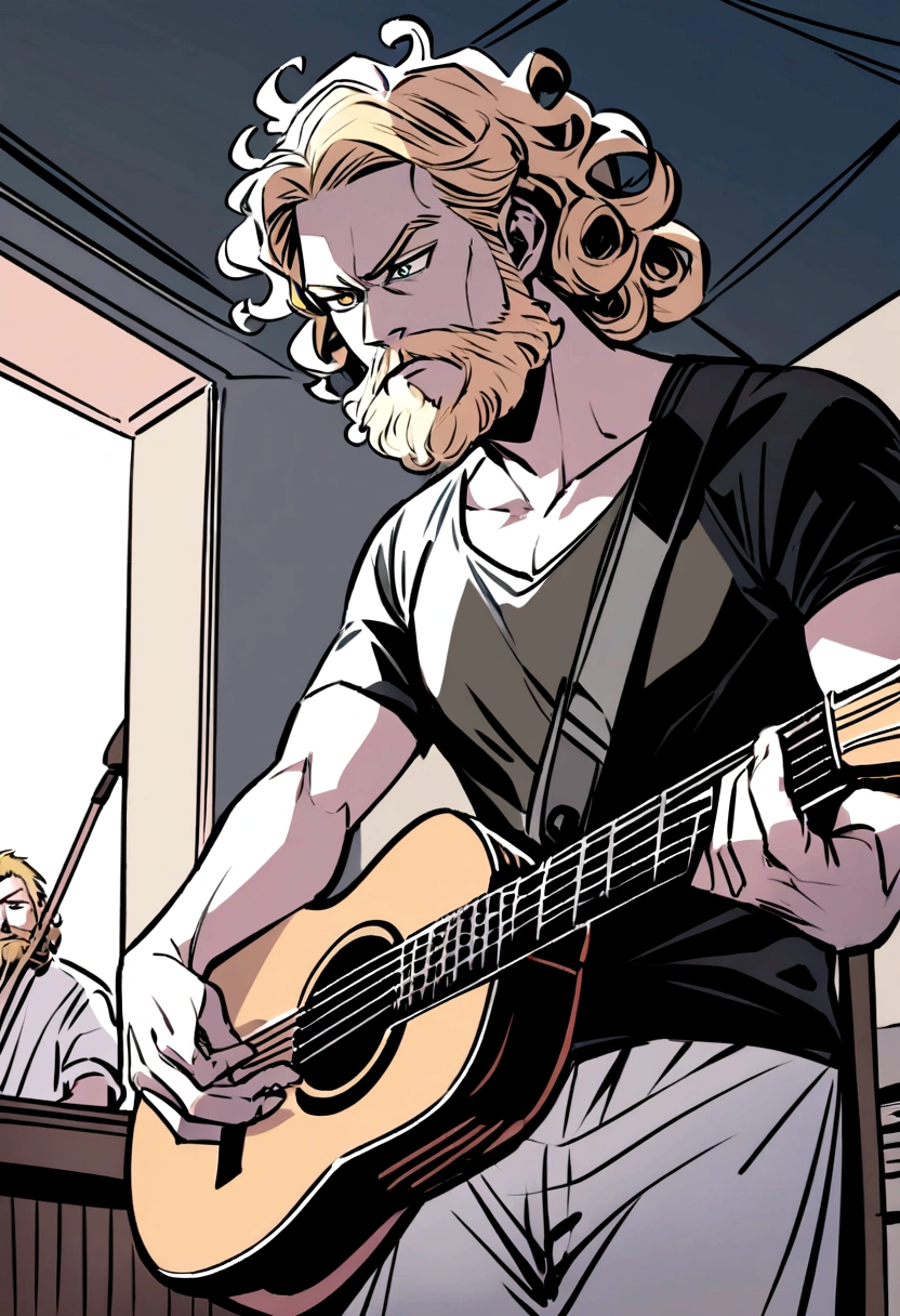 "Create a colorful Pixar-style illustration of two blond men with light eyes playing musical instruments in a drawn style. The first man is on the left, wearing a black beanie and a white t-shirt, playing a Taylor acoustic guitar. He has a full beard and is focused on the music. The second man is on the right, wearing a black shirt with a detailed black and white pattern, playing an electric bass. He has curly hair and is looking forward with a serious expression. They can be on a small wooden stage with a beach in the background."