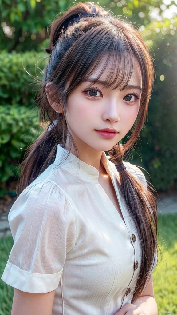 One piece with collar,outdoors,Urban Park,On the lawn,Ultra-detailed, finely detail, hight resolution, 8K Wallpaper, Perfect dynamic composition, Beautiful detailed eyes,Outdoor,Close-up of face,Outdoor,Blushing,Facing forward,,Long hair ponytail,((8k, Raw photo, Best Quality, Mastepiece:1.2), (Realism, Photorealistic:1.4), (Highly detailed 8K wallpapers), Depth of written boundary, Cinematic Lighting, Soft Light, Detailed Beauty Eye,Shiny and smooth light brown ponytail, Asymmetrical bangs, Shiny skin, Ultra-detailed skins ,It is high resolution., High detail, Detailed hairstyle, Detailed facial beauty, Hyper-realistic, Perfect limbs, Perfect Anatomy ,1 Japanese girl,Famous Japanese Idols, Perfect female body,A shy smile,Short eyelashes,Double-edged eyelids,Look straight here,Hair style: ponytail,
