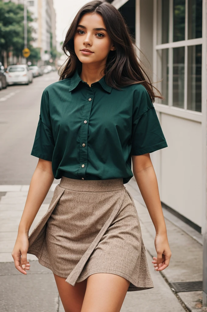 A girl wearing loose shirt and a skirt
