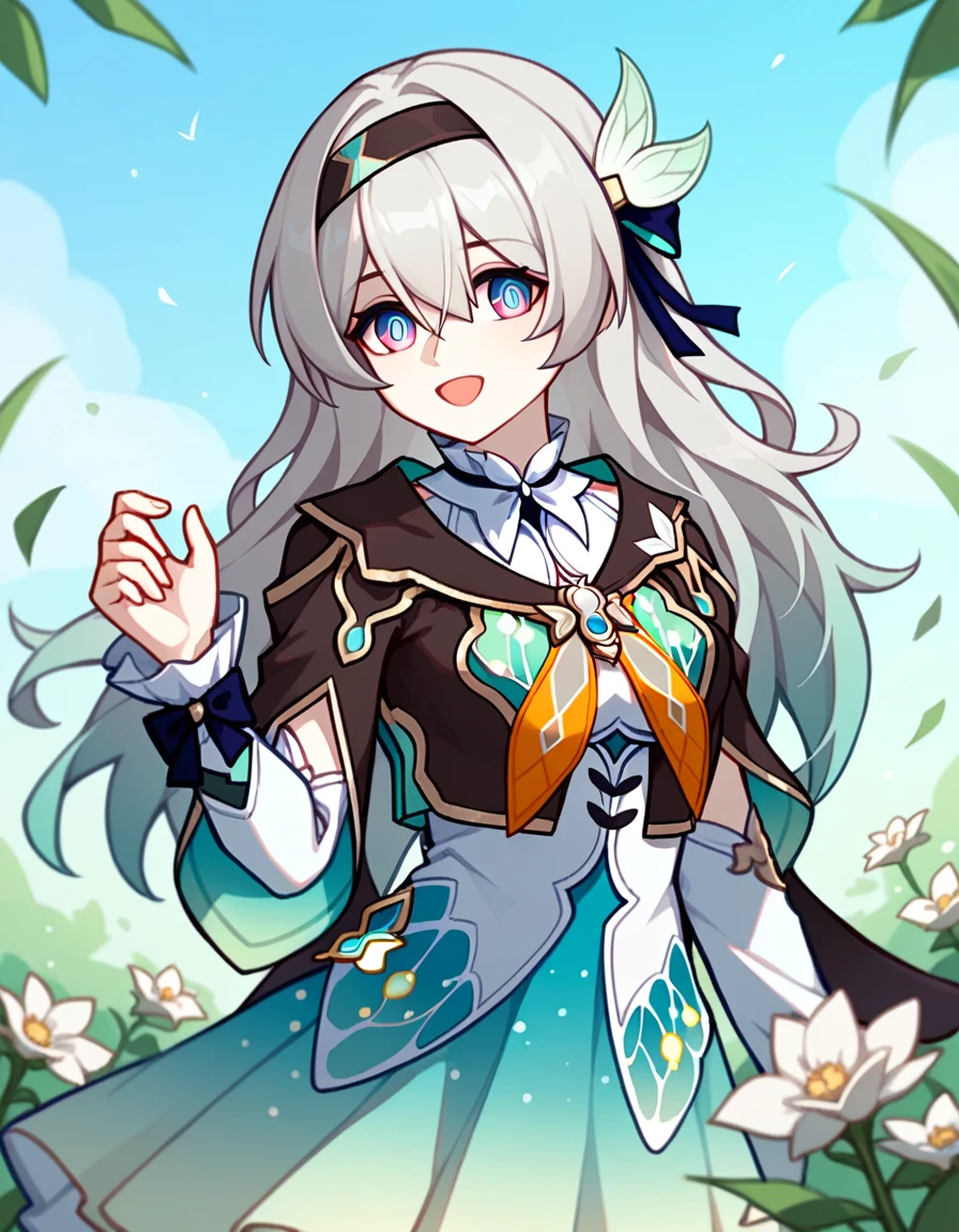 firefly \(honkai: star rail\),1girl,solo,jacket,white dress,long sleeves,white flower,headband,