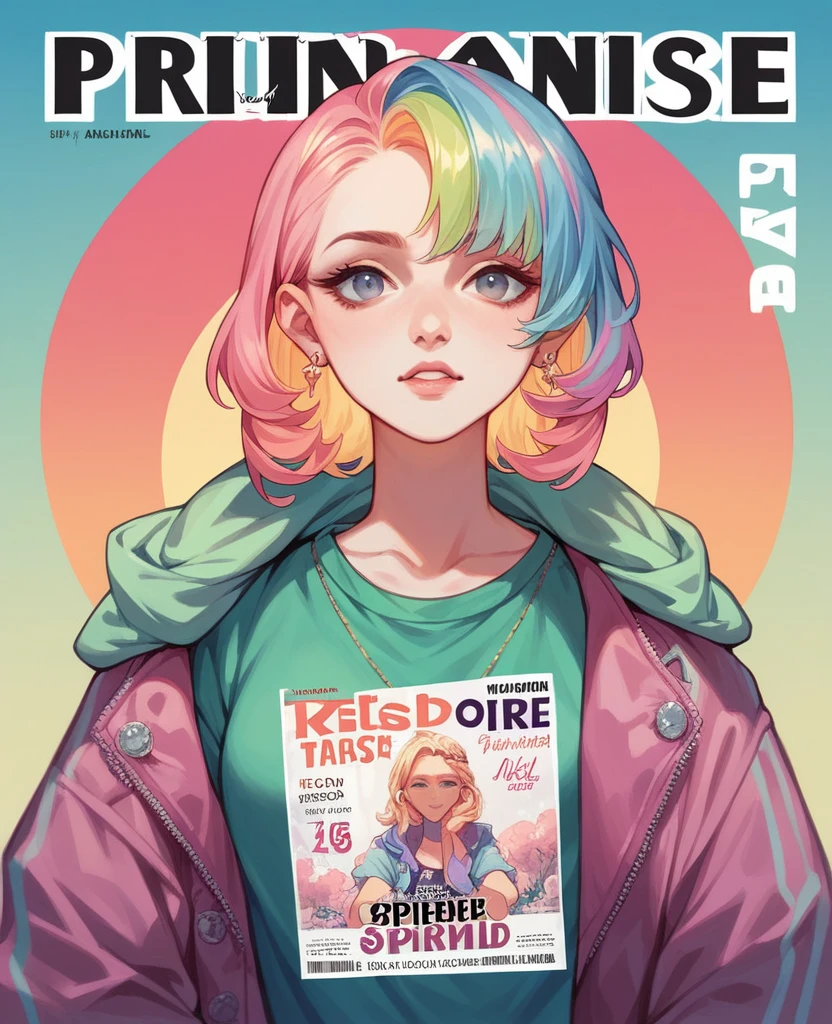 masterpiece, best quality, Spring Clothing, Colorful hair, outdoor, magazine cover ,Upper Body,