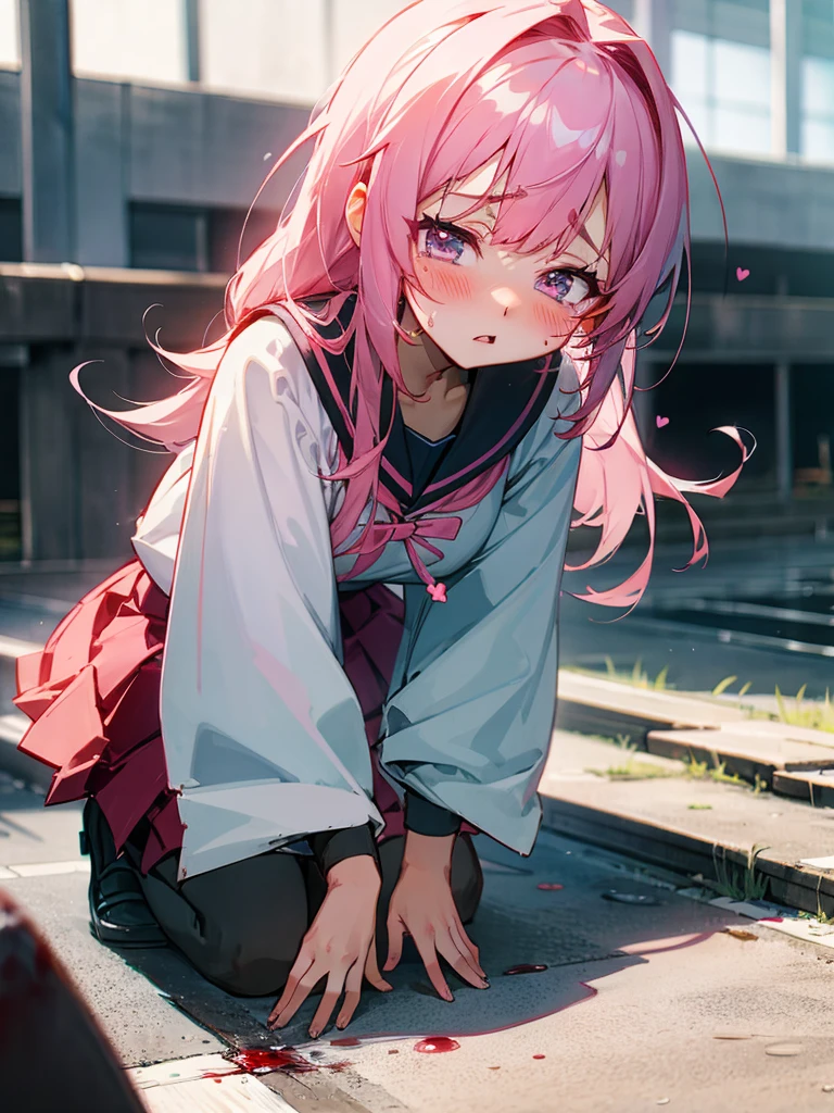 anime girl with pink hair , yandere, Japanese sailor uniform, , (anime girl), anime style 4 k, anime visual of a cute girl, clean detailed anime art,looking at viewer, cry, blushing,heart pupil eyes, kneel on the ground,sad, public suround by other student background, holding the viewer's hand to beg not to break up,blood in face,