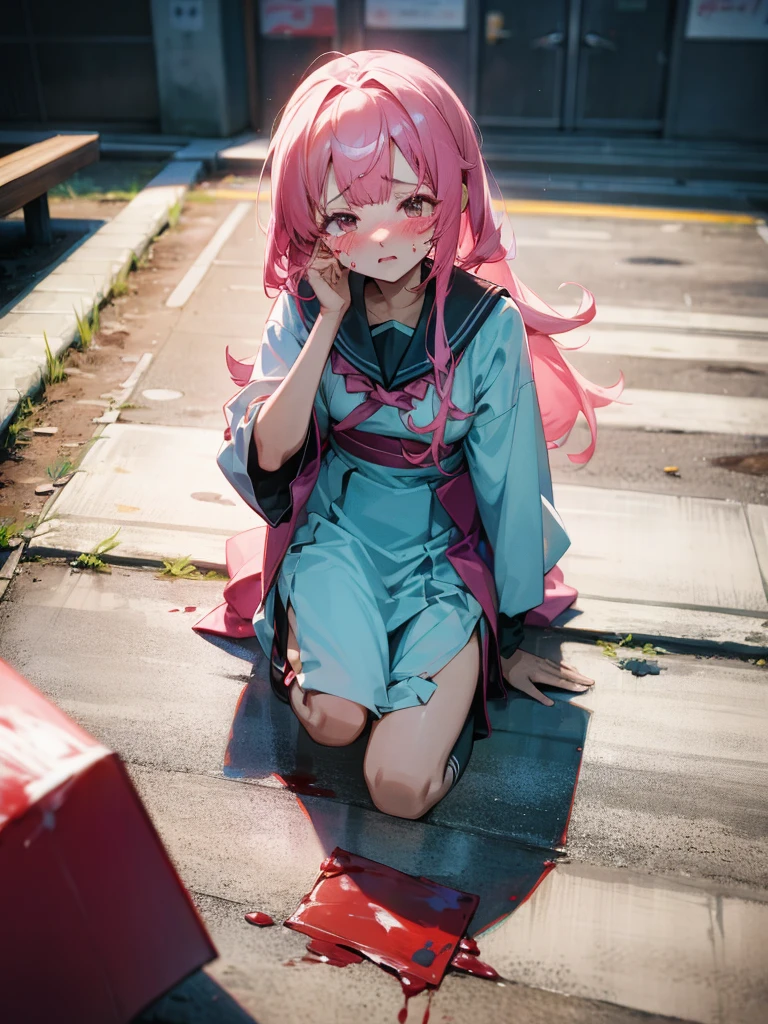 anime girl with pink hair , yandere, Japanese sailor uniform, , (anime girl), anime style 4 k, anime visual of a cute girl, clean detailed anime art,looking at viewer, cry, blushing,heart pupil eyes, kneel on the ground,sad, public suround by other student background, holding the viewer's hand to beg not to break up,blood in face,