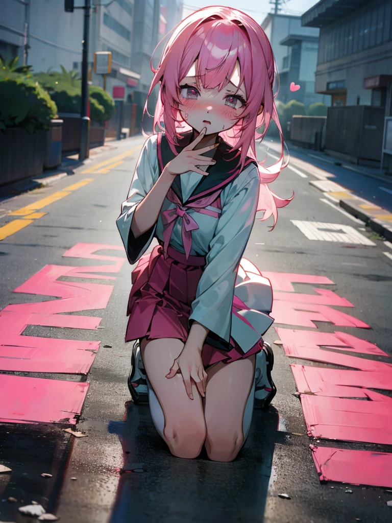 anime girl with pink hair , yandere, Japanese sailor uniform, , (anime girl), anime style 4 k, anime visual of a cute girl, clean detailed anime art,looking at viewer, cry, blushing,heart pupil eyes, kneel on the ground,sad, public suround by other student background, holding the viewer's hand to beg not to break up,blood in face,