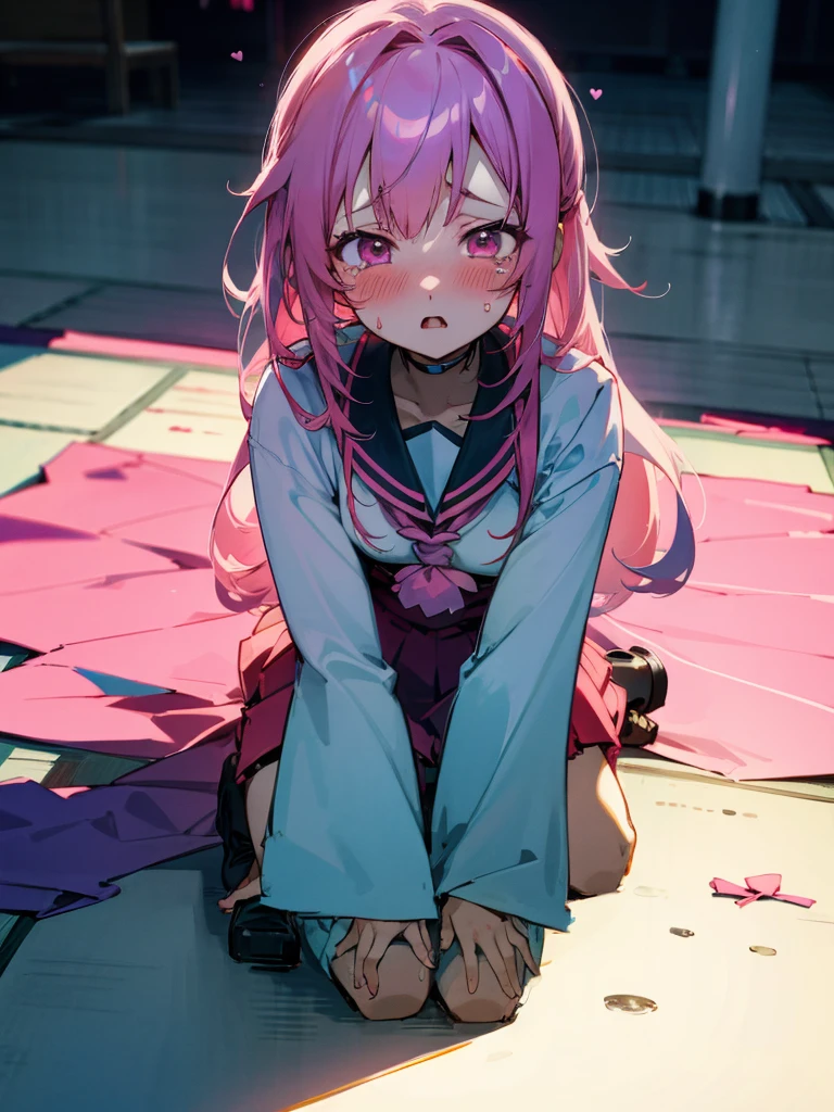 anime girl with pink hair , yandere, Japanese sailor uniform, , (anime girl), anime style 4 k, anime visual of a cute girl, clean detailed anime art,looking at viewer, cry, blushing,heart pupil eyes, kneel on the ground,sad, public suround by other student background, holding the viewer's hand to beg not to break up,blood in face,