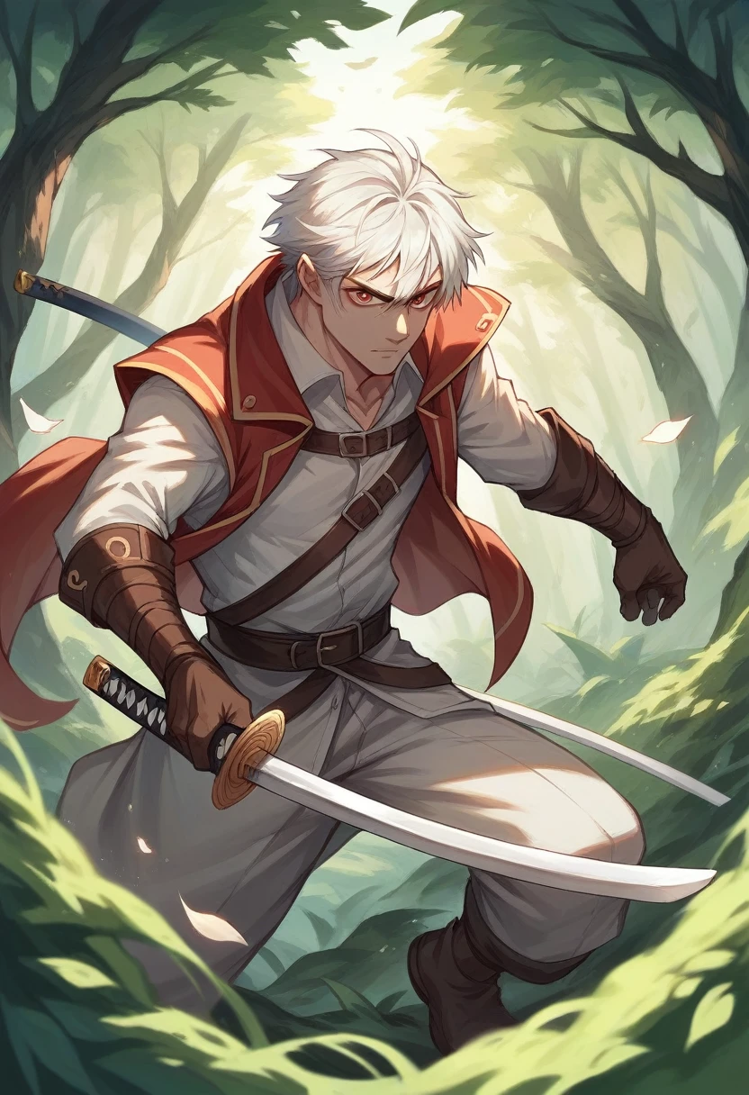 an image with a white man with blond hair and scarlet eyes, defined body, dressed as a swordsman wizard, wielding a magical sword that resembles a katana. The background will be a mysterious forest,8K,HD