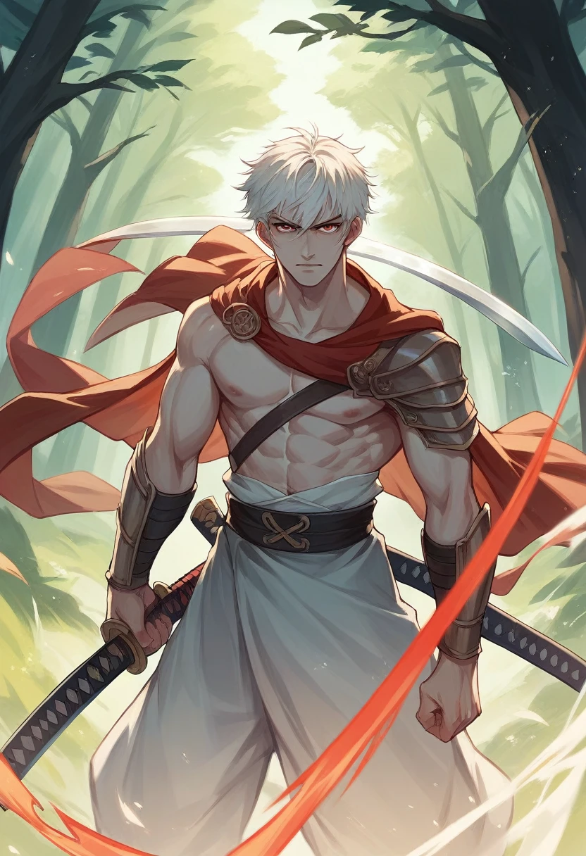an image with a white man with blond hair and scarlet eyes, defined body, dressed as a swordsman wizard, wielding a magical sword that resembles a katana. The background will be a mysterious forest,8K,HD