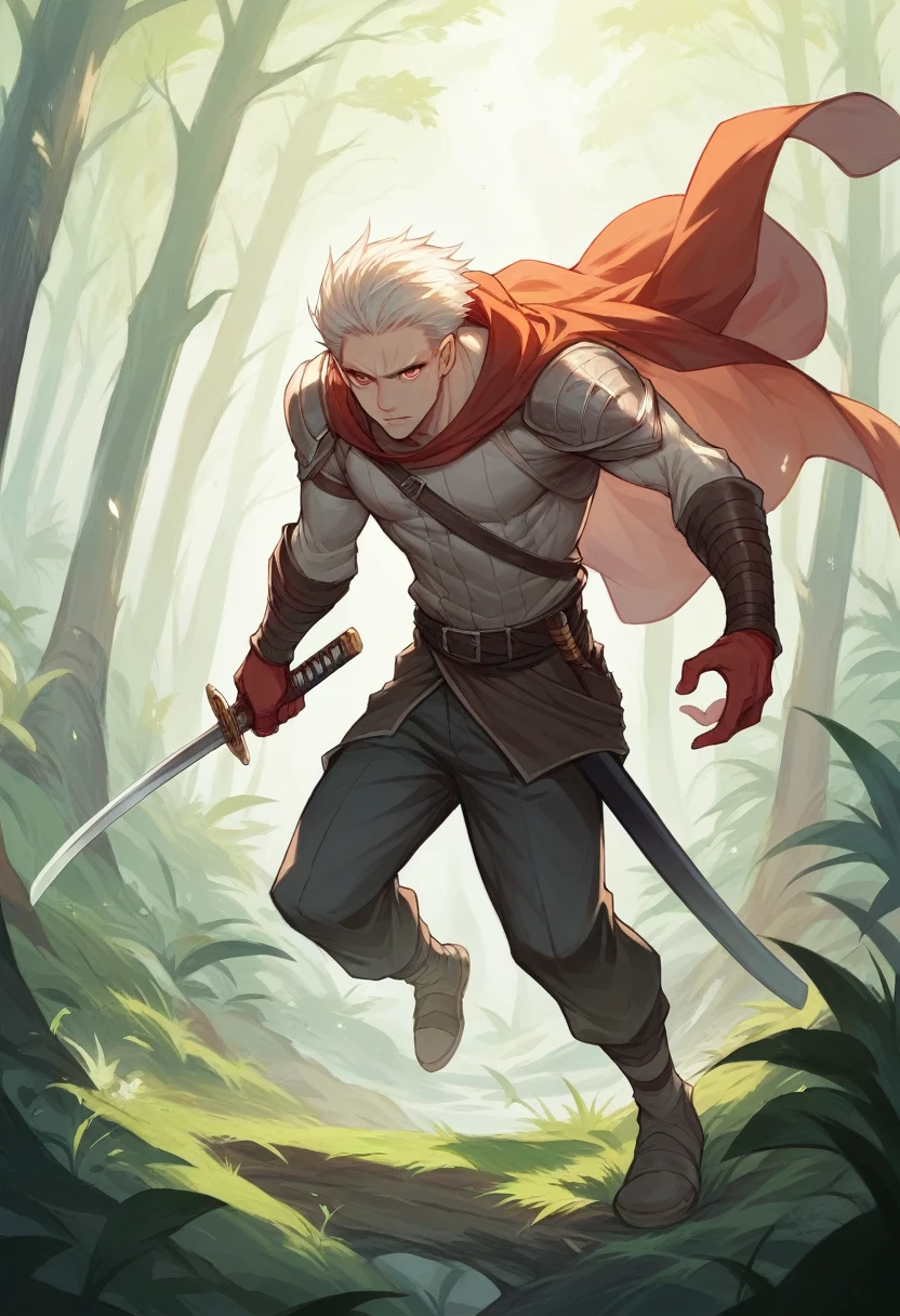 an image with a white man with blond hair and scarlet eyes, defined body, dressed as a swordsman wizard, wielding a magical sword that resembles a katana. The background will be a mysterious forest,8K,HD