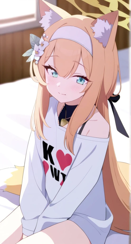1girl
mari \(blue archive\)
bare legs, blue eyes, blush, fox ears, fox girl, from above, hair between eyes, halo, hand between legs, heart print, indoors, long hair, looking at viewer, looking up, necklace, off shoulder, on bed
newest, pillow, shirt, bare shoulders, smile, window, between legs, closed mouth, wariza, animal ear fluff, bed, clothes writing, solo, blue hair, depth of field, blurry, animal ears, blurry background, very long hair, jewelry, heart, sitting, white shirt, print shirt,
absurdres, highres, sensitive