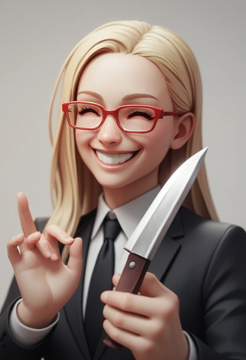 (happy blonde woman avatar), (long hair alone smiling), (only the bust), (Black Suit), (Red glasses), (holding and knife in hand), (3d style image).