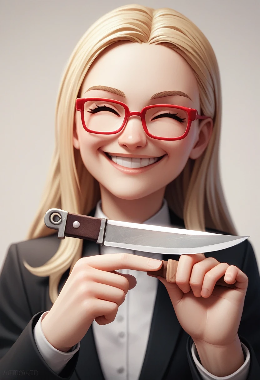 (happy blonde woman avatar), (long hair alone smiling), (only the bust), (Black Suit), (Red glasses), (holding and knife in hand), (3d style image).