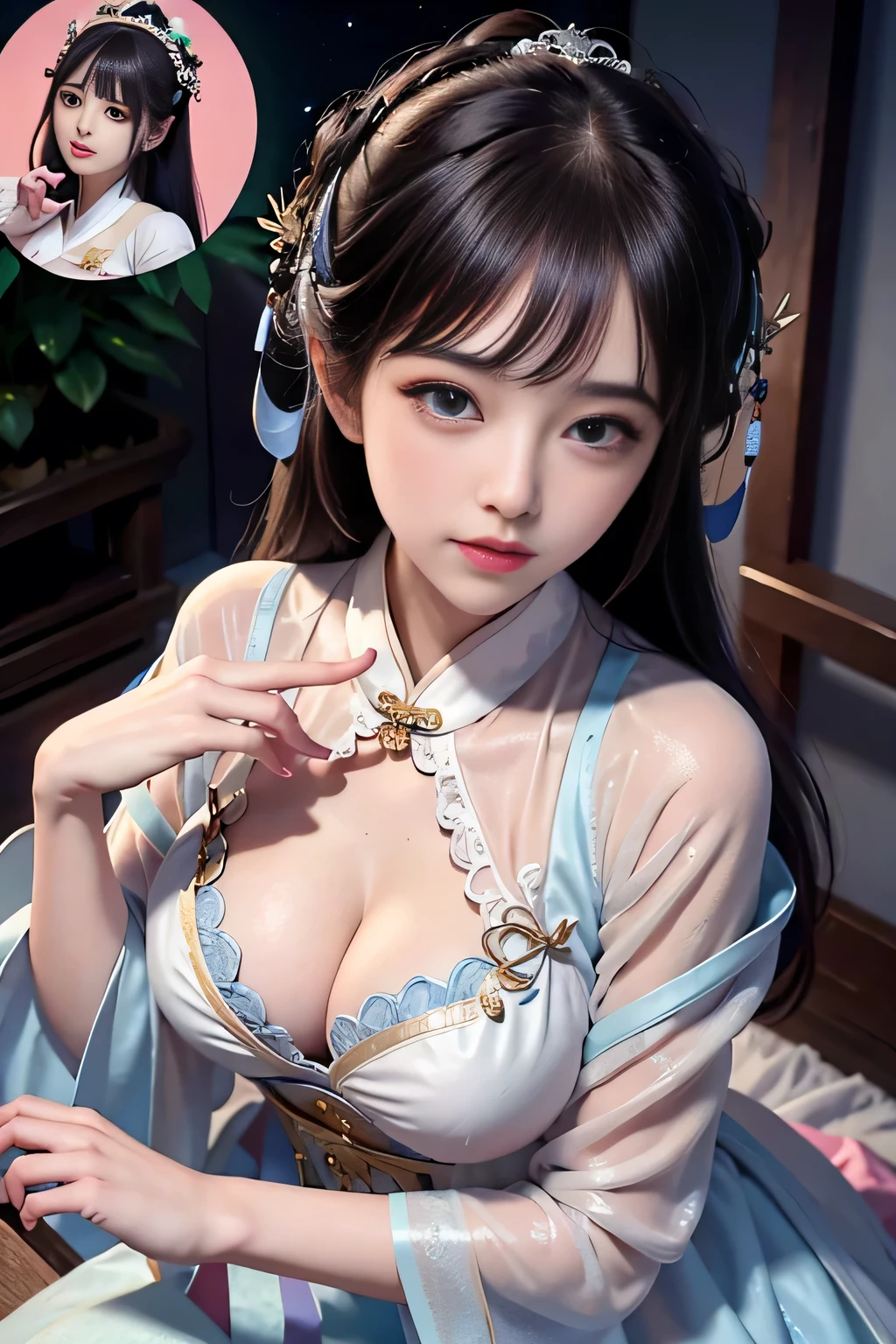 a princess 8 yeald old cute Hanfu dynasty open V-chested clothes royal, All pictures, Wet body of thin silk fabric, Thin silk lace petticoat,princess 8 yeald old cute, (huge ,cleavage),petticoat, white pink, blue ,best qualtiy,tmasterpiece,Ultra-high resolution,(Reality:1.4),RAW photogr,(True skin texture:1.3),(filmgrain:1.3),(Selfie angle),1个Giant Breast Girl,Beautiful eye and face details,tmasterpiece,Best quality at best,exposing thighs,Bigchest,The chest is more exposed, detailed hair,above looking down facing at camera,short dressPrincess Eyes,Super big eyes,Detailed face,shiny pupils, dress pink (a garden,moon palace,Chang'e,mooncakes)