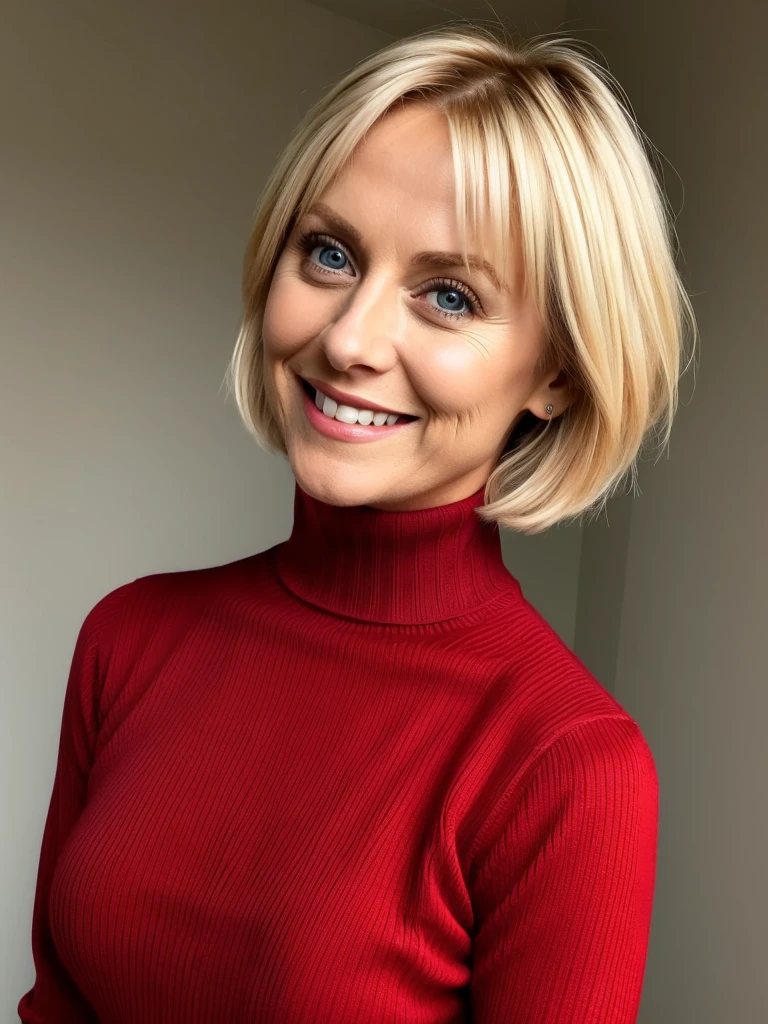 photo of a playful cute slutty horny blonde mature submissive wife with big bulging beautiful eyes, very short hair, She wears: (turtleneck high ribbed bright tight red sweater:1.1), submissive seductive pose, high tight ribbed neck, seductive smile, perfect fake tits, turtleneck top, side view