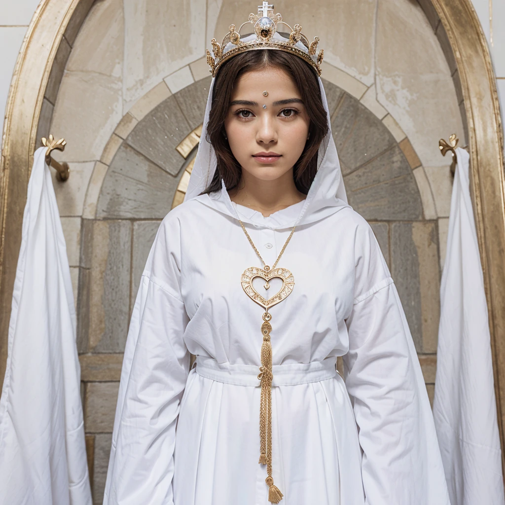 Our Lady of Fatima with white clothes and a crown and heart