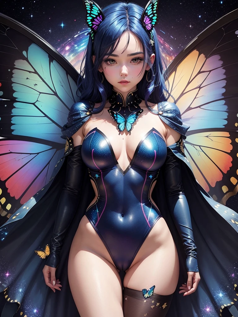 Woman with dark blue hair, butterfly wings, galaxy rainbow, leotard