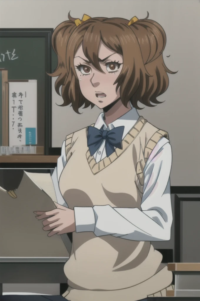 1girl, EruzaNakanishi, brown hair, short hair, solo, , sweater vest, twintails, classroom