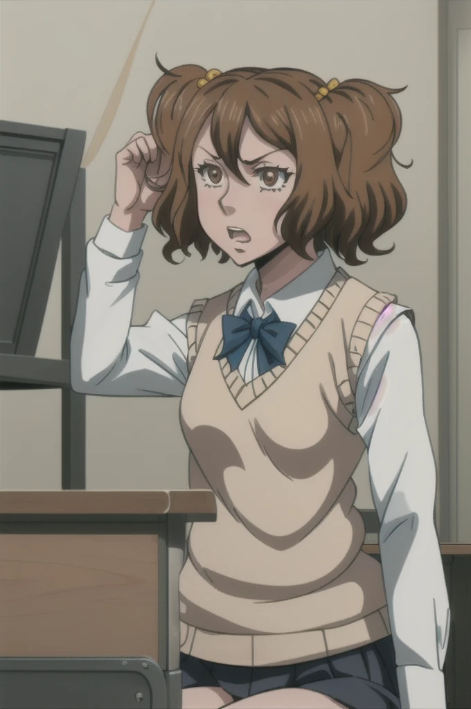 1girl, EruzaNakanishi, brown hair, short hair, solo, , sweater vest, twintails, classroom