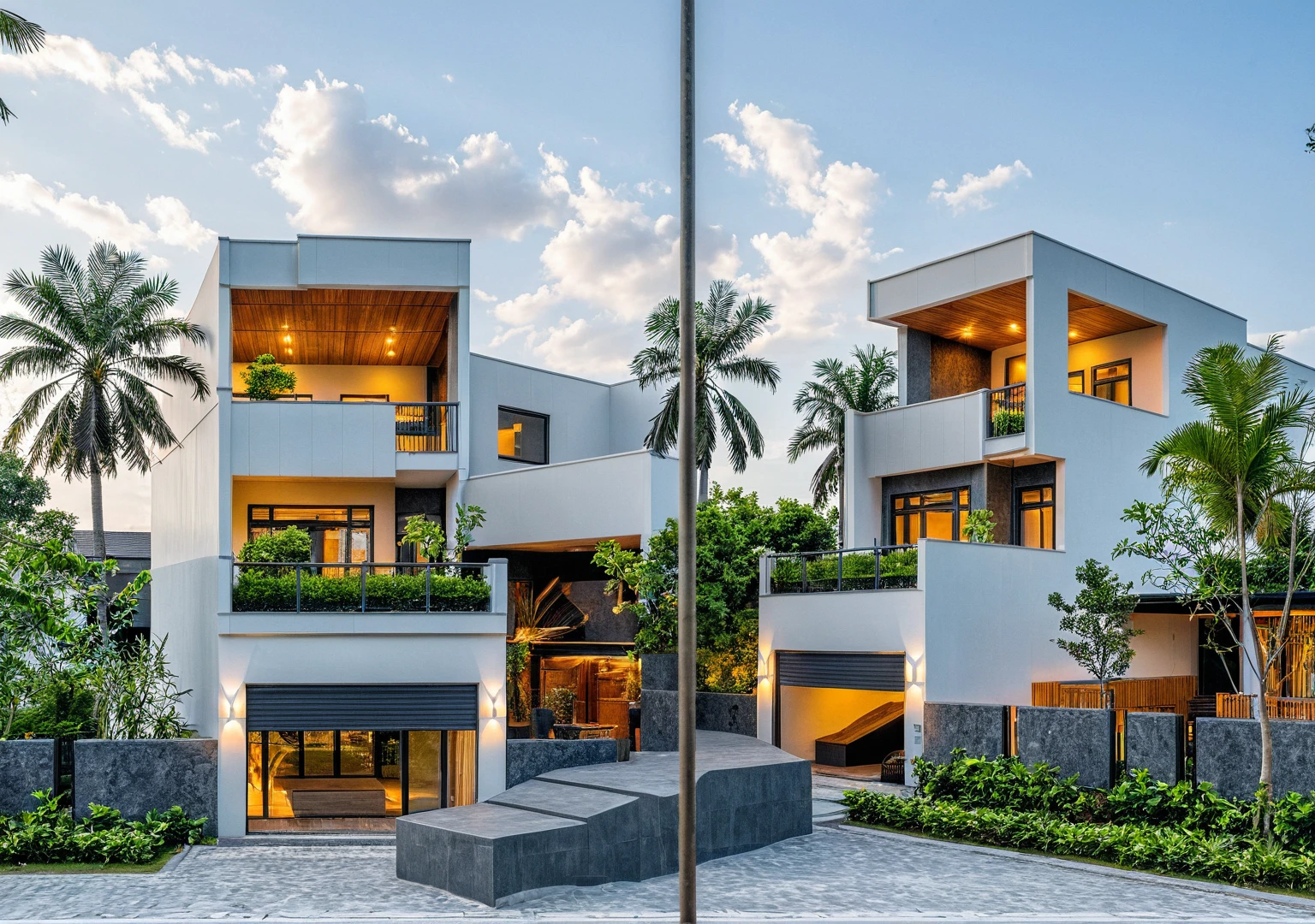 Masterpiece, high quality, best quality, authentic, super detail, outdoors, onestoreyvillaXL, aiaigroup, house style modern on the street ,stairs, white wall ,road,pavement, grass, trees, sky, cloud, (daylight:1.1)
