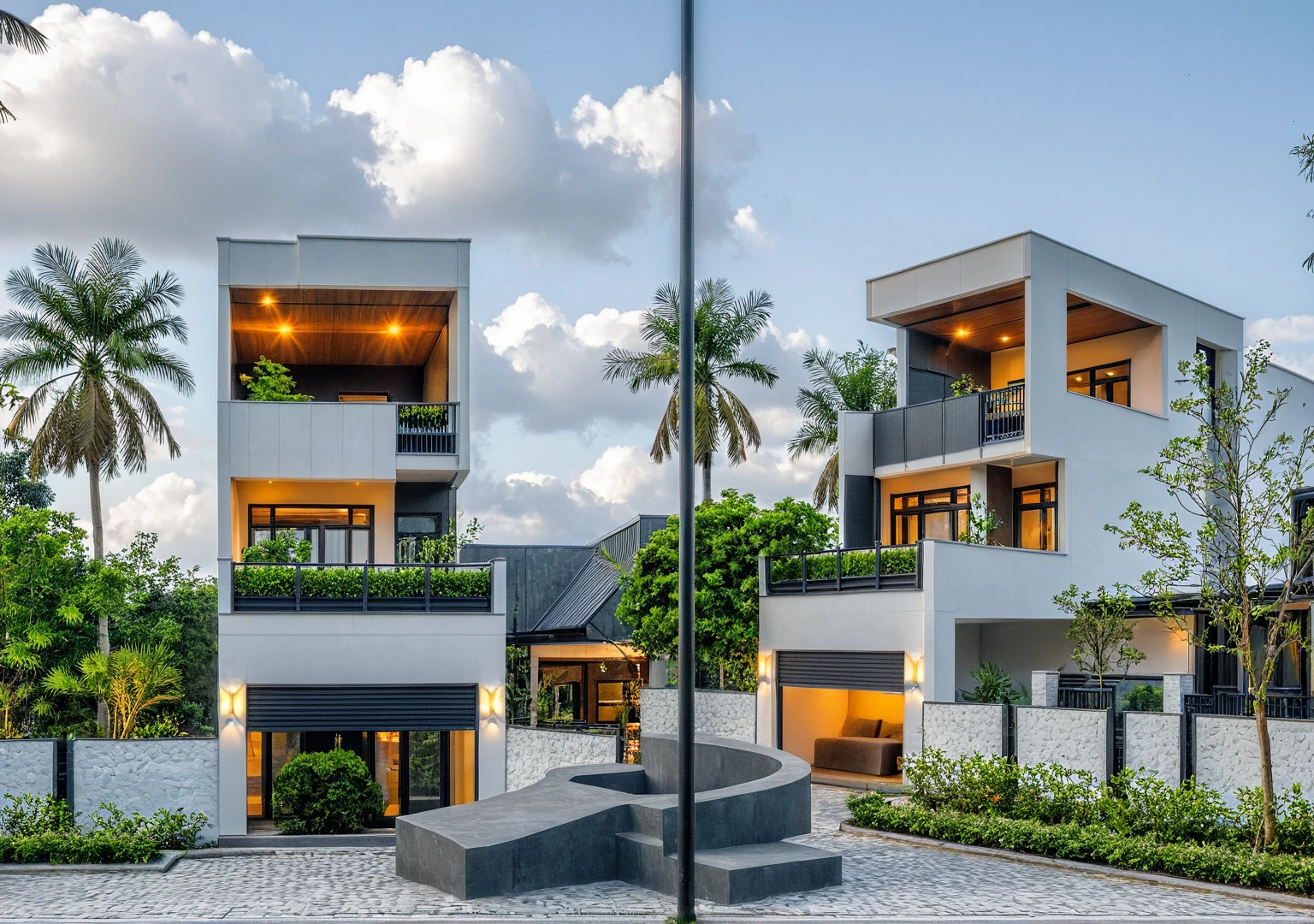 Masterpiece, high quality, best quality, authentic, super detail, outdoors, onestoreyvillaXL, aiaigroup, house style modern on the street ,stairs, white wall ,road,pavement, grass, trees, sky, cloud, (daylight:1.1)