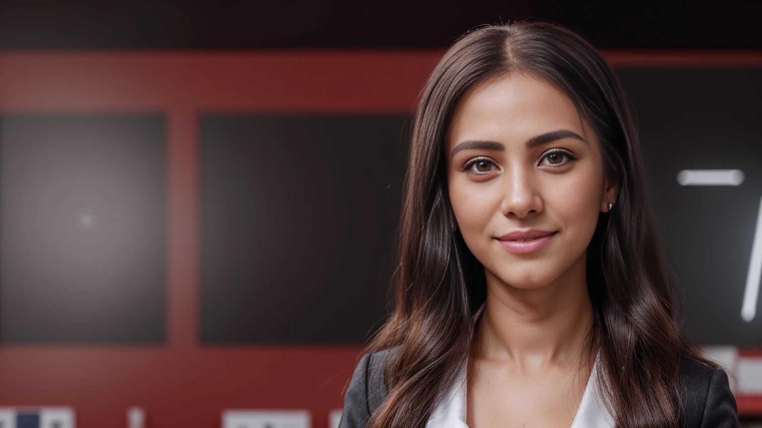 a friendly customer service representative, expressive eyes, full smile, professional attire, office setting, 8k, masterpiece, RAW photo, best quality, photorealistic, extremely detailed CG unity 8k wallpaper, Depth of field, Cinematic Light, Lens Flare, Ray tracing, (extremely beautiful face, beautiful lips, beautiful eyes), intricate detail face, ((ultra detailed skin)), ((1girl:1.9)), ((alone:1.9)), ((19years old)), (big smile;1.4), (beautiful and aesthetic:1.2), deep shadow, (sharp focus), [(((Raiana-Elizabeth-Dilla:1.9)))], pretty girl, (very slim slender fit-muscled body:1.9), (((business-style fashion:1.9))), (((stylish ((red:1.5)) clothes))), (((modern office background:1.9))), (shiny skin), clear eyes, (pale skin), (((eyes-view:1.9))), (((extreme-close-up:1.9, cinematic shot))),  soft lighting, (flowing dark-black hair), (((looking at viewer:1.9))), highly detailed, ultra realistic, extremely detailed and realistic ((red:1.5)) clothes.