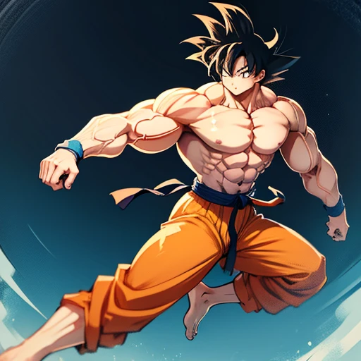 (A detailed drawing of goku, Bodybuilding-Fitnessstudio.),Anime picture, With bare upper body, the strongest of all, huge muscular body, Big Bizeps, large shoulders, muscle legs,abs, barefoot, Martial arts, Kick with foot, Full body image, Rear view, side chest, crunch, beserk, barefoot, sole of the foot , nt pose,Toes, in anime style