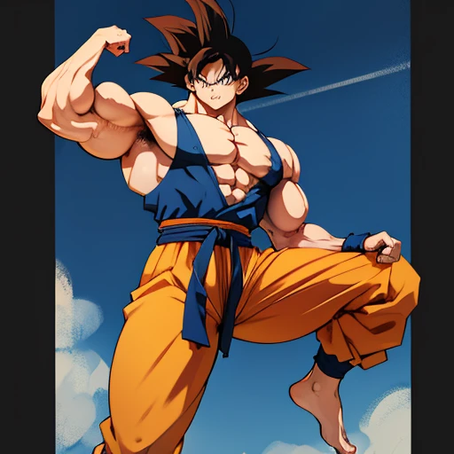 (A detailed drawing of goku, Bodybuilding-Fitnessstudio.),Anime picture, With bare upper body, the strongest of all, huge muscular body, Big Bizeps, large shoulders, muscle legs,abs, barefoot, Martial arts, Kick with foot, Full body image, Rear view, side chest, crunch, beserk, barefoot, sole of the foot , dominant pose,Toes, in anime style