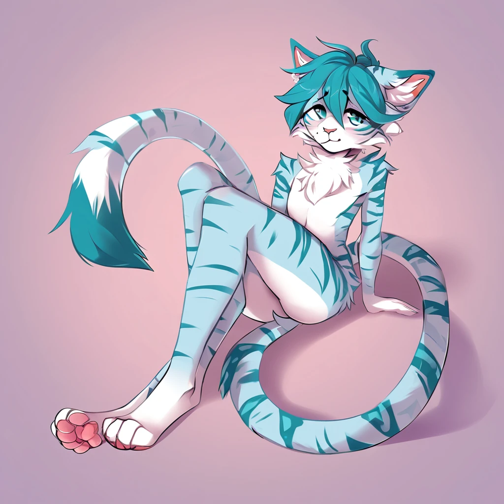 adult, feline, mammal, anthro, anthromorphic, cat, striped, fur, furred_anthro, femboy, male, blue, ear_tufts, purple, paws, hair_tuft, hair_between_eyes, long_tail, fluffy, expressive_eyes, blue/teal_hair, light looking_at_viewer, blue_fur, shy, small_pupils, spotted_pattern, stripes, tiger_stripes, digital_art, high_resolution, high_res, background, shy, posing, laying_down, pink_paws, paws