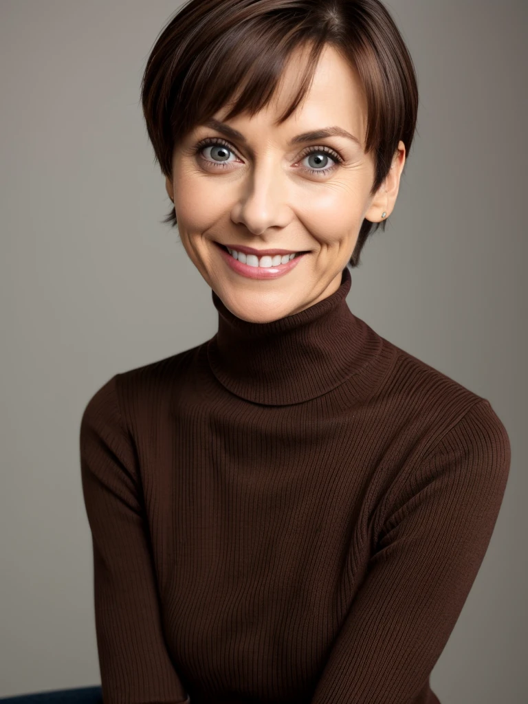 photo of a playful cute skinny slutty horny mature submissive wife with big bulging beautiful eyes, very short hair, She wears: (turtleneck high ribbed dark brown tight sweater:1.1), submissive seductive pose, high tight ribbed neck, seductive smile, perfect fake tits, turtleneck top