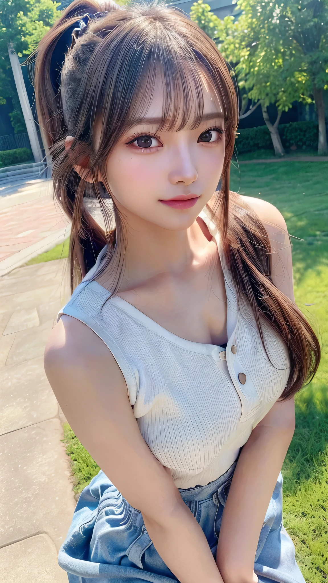 One piece with collar,outdoors,Urban Park,On the lawn,Ultra-detailed, finely detail, hight resolution, 8K Wallpaper, Perfect dynamic composition, Beautiful detailed eyes,Outdoor,Close-up of face,Outdoor,Blushing,Facing forward,,Long hair ponytail,((8k, Raw photo, Best Quality, Mastepiece:1.2), (Realism, Photorealistic:1.4), (Highly detailed 8K wallpapers), Depth of written boundary, Cinematic Lighting, Soft Light, Detailed Beauty Eye,Shiny and smooth light brown ponytail, Asymmetrical bangs, Shiny skin, Ultra-detailed skins ,It is high resolution., High detail, Detailed hairstyle, Detailed facial beauty, Hyper-realistic, Perfect limbs, Perfect Anatomy ,1 Japanese girl,Famous Japanese Idols, Perfect female body,A shy smile,Short eyelashes,Double-edged eyelids,Look straight here,Hair style: ponytail,