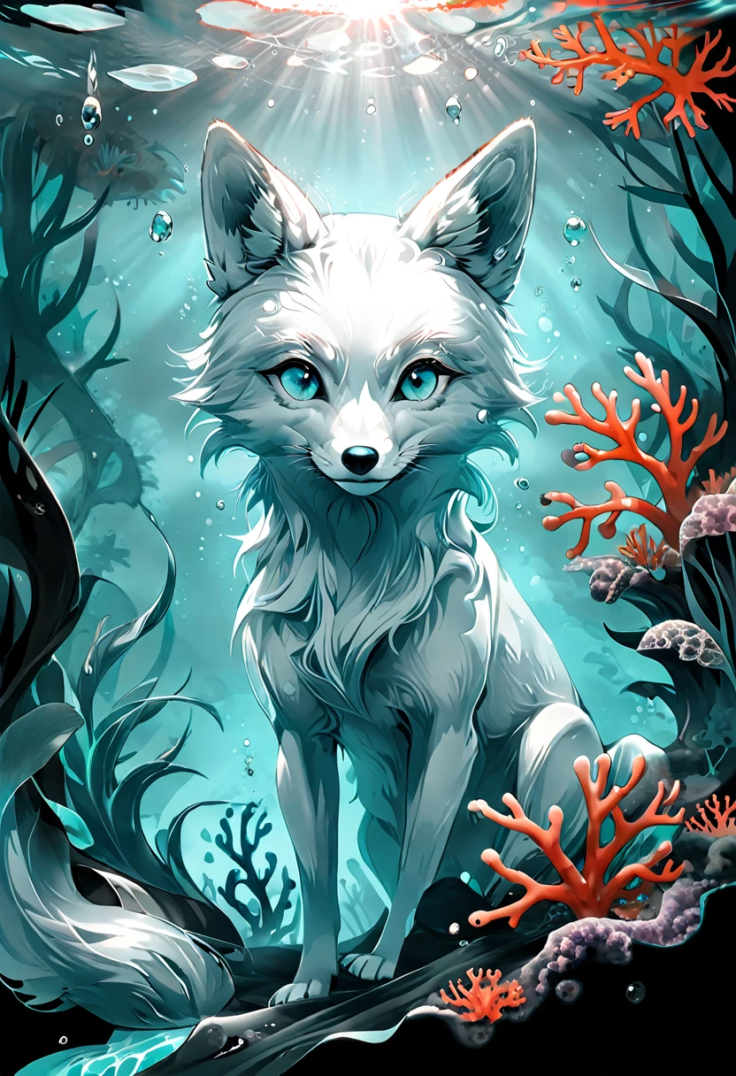 Illustration HD d un renard, avec des yeux intenses et brillants. La scène se déroule sur un fond chaotique de fumée cyan et d'éclaboussures de Coral mêlant réalisme et éléments d'art abstrait.
monochrome Coral & cyan