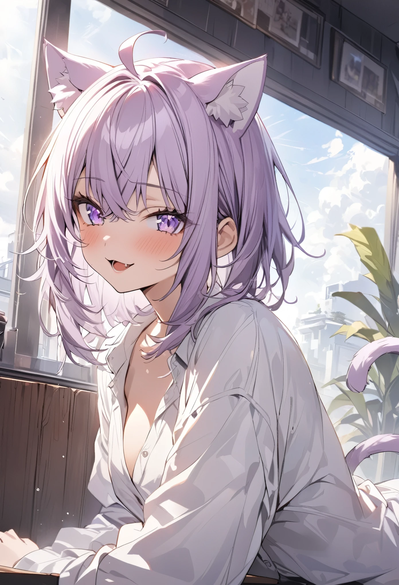 ((Nekomata okayu)), ((Masterpiece)), ((best quality)), (Anime:1.3), (super detail:1.2),(High Definition:1.3), (Professional Photography:1.2), (sharp focus), (perfect light),from below, (wide shot), Textured skin, 1girl, (Cute age beautiful Girl), ((loose white buttoned shirts)), (looking at viewer), (Beautiful daiamond eyes:1.3), (put on cat ears), Pale purple hair, medium hair, blush, (naughty smile), (Open mouth wide), Slender body, medium breasts, Glossy lips, slighty exposed Beautiful medum breasts, (spoken heart), (extend hand in front), (In the diner couch), NEKOMATA_OKAYU(HOLOLIVE), cat_ears, beautiful_purple_eyes, (multicolored_eyes), 1_beautiful_girl, cute_face, perfect_quality, perfect_anatomy, ahoge,