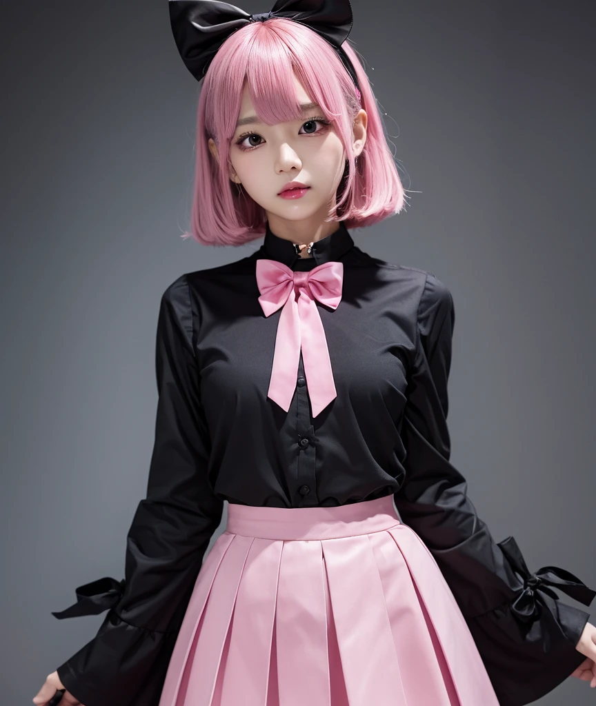 black mask,pink shirt,cosplay, jirai kei, bangs, black skirt, black bow, looking at viewer, bow, long sleeves, choker, ribbon,pink lips