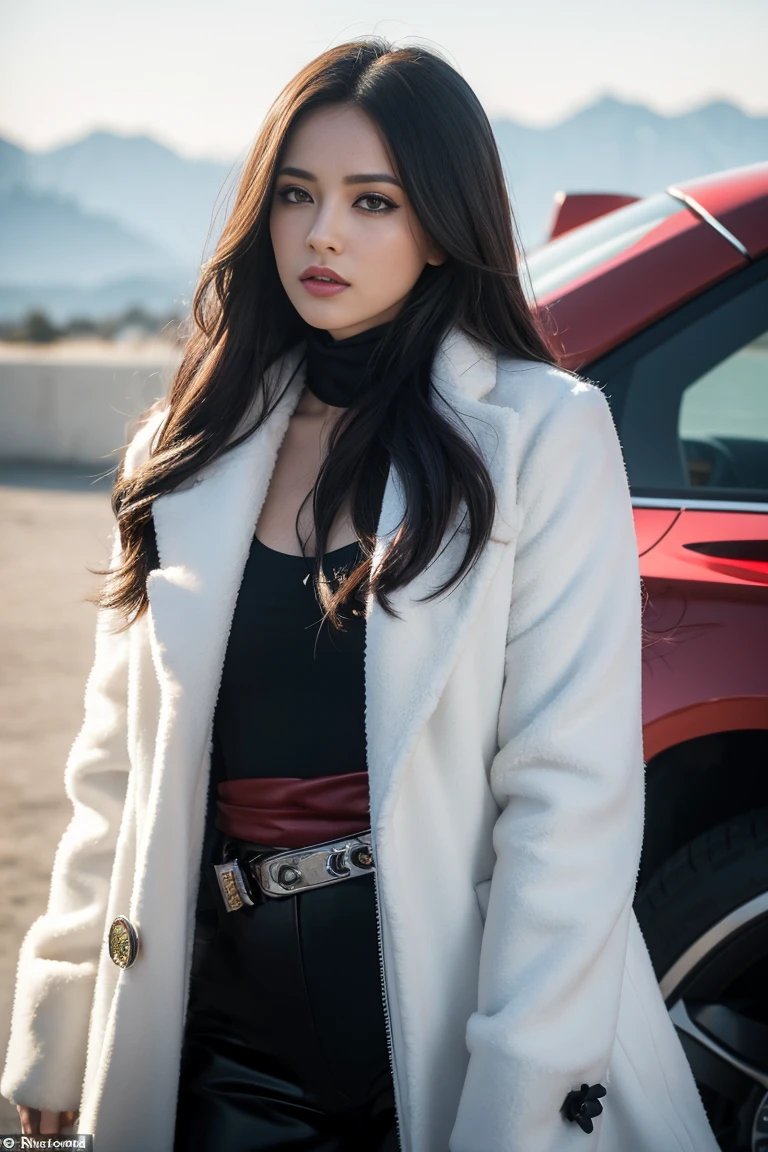 Crystal rose, fanciful, galaxias, cleanness, glittery, glittery, Splendor, Colorful, Amazing photography, dramatic lighting, photo-realism, ultra - detailed, 4K, depth of fields, A high resolution fantastic coat, she looks like a ruthless cartel sicario assasin she is just waiting to kill her target before escaping in her Ferrari, she uses her beautiful looks and stunning coat to get close to her targets before coldly killing them with either a gun or a knife and then escaping