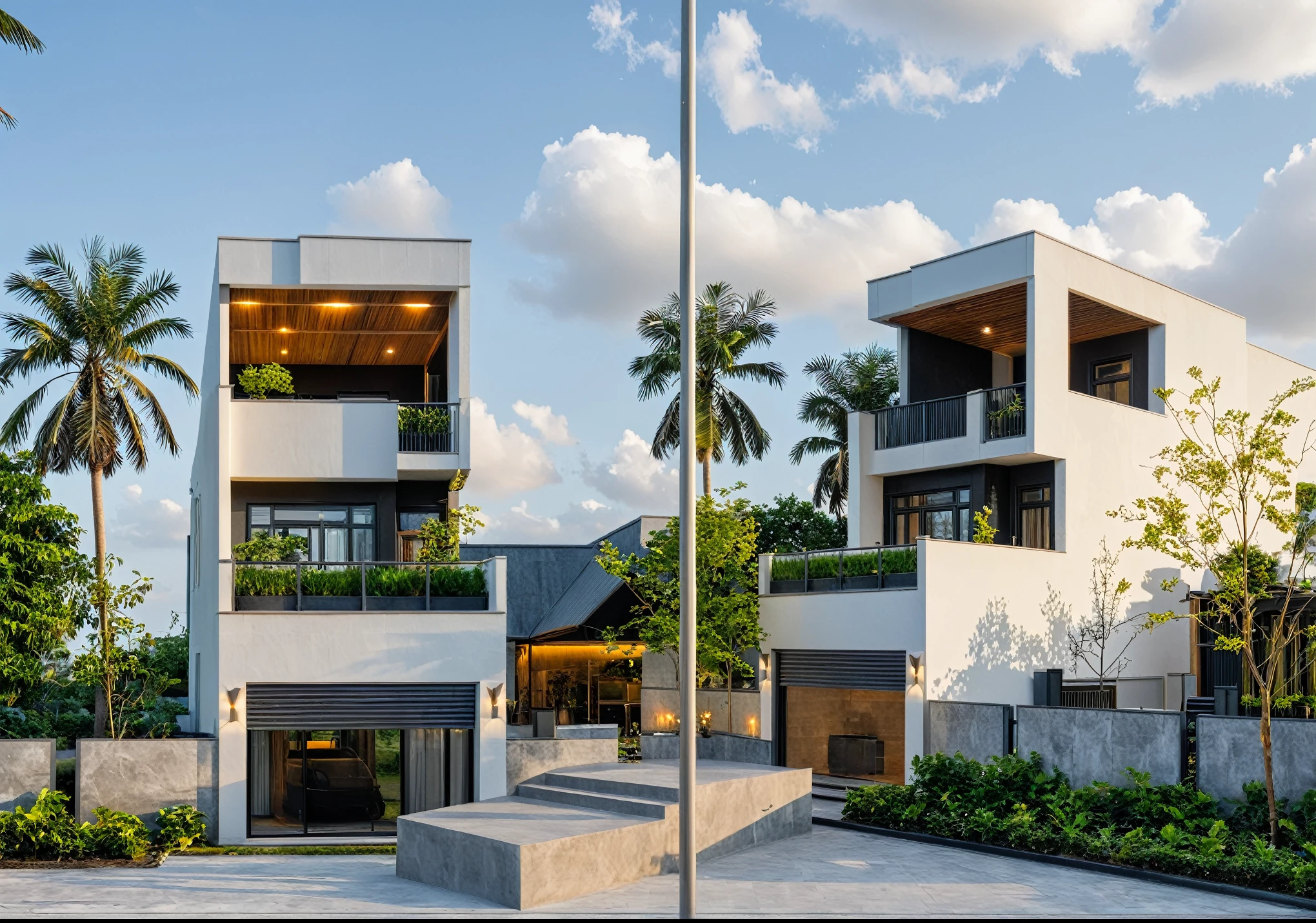Masterpiece, high quality, best quality, authentic, super detail, outdoors, onestoreyvillaXL, aiaigroup, house style modern on the street ,stairs, white wall ,road,pavement, grass, trees, sky, cloud, (daylight:1.1)