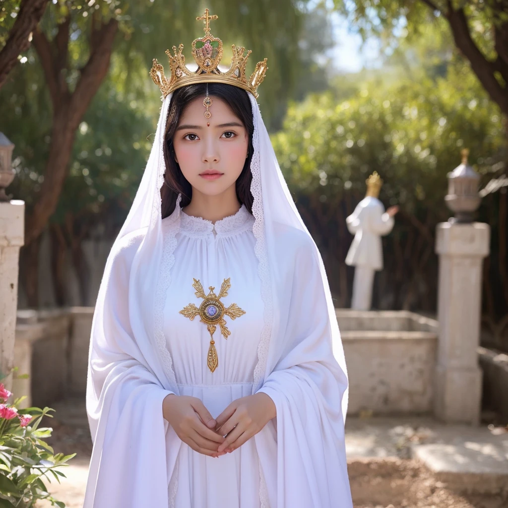 Our Lady of Fatima with white clothes and a crown and heart